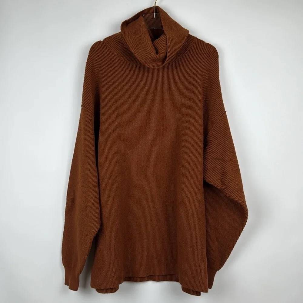 Free People Softly Structured Knit Tunic Turtleneck Sweater in Tobacco Size S